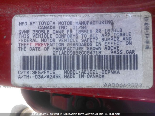 2T1AE09B8RC064719 - 1994 TOYOTA COROLLA LE/DX RED photo 9