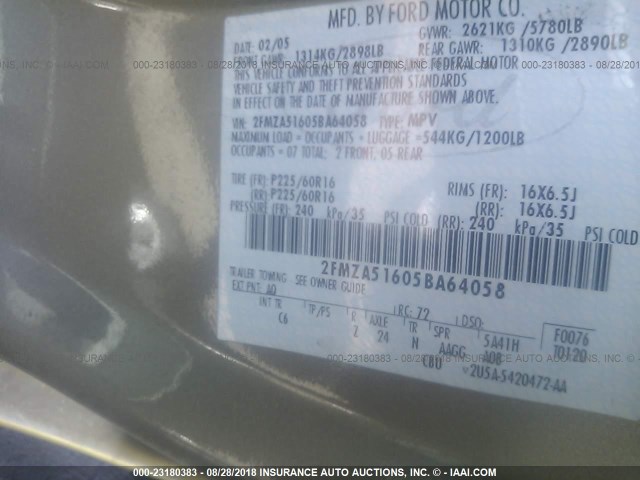 2FMZA51605BA64058 - 2005 FORD FREESTAR SE GOLD photo 9