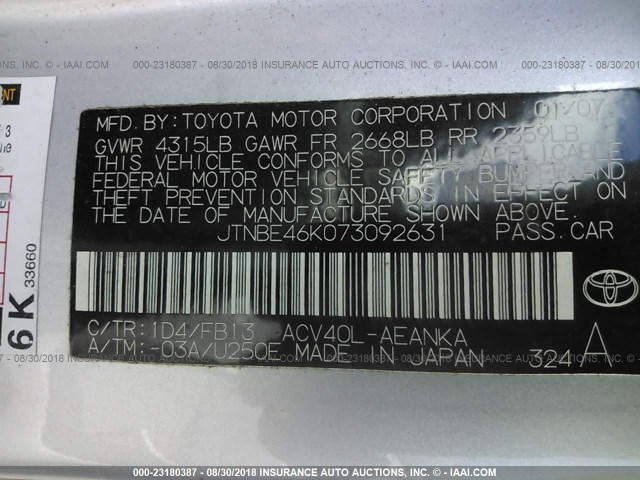 JTNBE46K073092631 - 2007 TOYOTA CAMRY NEW GENERAT CE/LE/XLE/SE SILVER photo 9