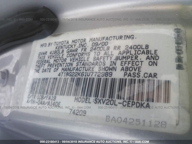 4T1BG22K61U772989 - 2001 TOYOTA CAMRY CE/LE/XLE 灰色 照片 9