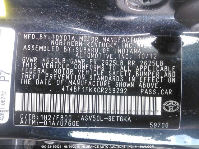 4T4BF1FKXCR259292 - 2012 TOYOTA CAMRY SE/LE/XLE 黑色 照片 9