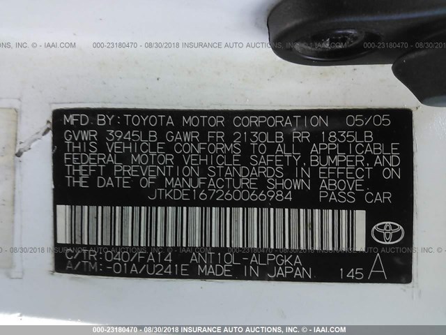 JTKDE167260066984 - 2006 TOYOTA SCION TC თეთრი ფოტო 9