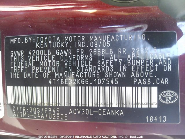 4T1BE32K66U107545 - 2006 TOYOTA CAMRY LE/XLE/SE 红色 照片 9