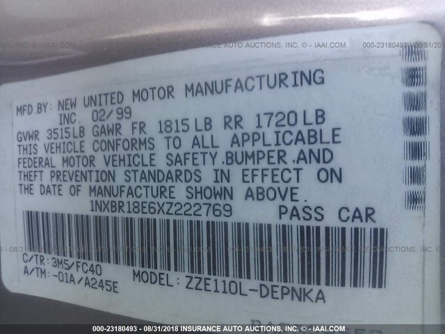 1NXBR18E6XZ222769 - 1999 TOYOTA COROLLA VE/CE/LE 棕色 照片 9