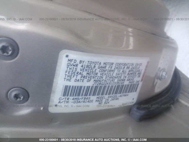 JT2BG22K810535165 - 2001 TOYOTA CAMRY CE/LE/XLE 金色 照片 9
