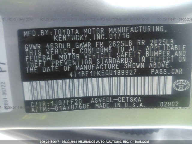 4T1BF1FK5GU189927 - 2016 TOYOTA CAMRY LE/XLE/SE/XSE 银色 照片 9