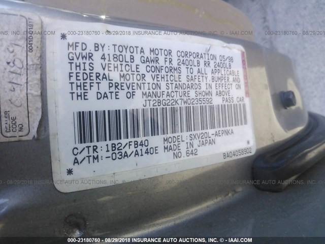 JT2BG22K7W0235592 - 1998 TOYOTA CAMRY CE/LE/XLE 灰色 照片 9