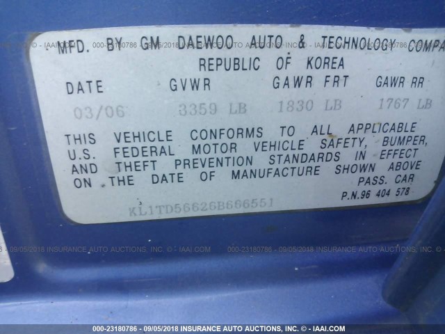 KL1TD56626B666551 - 2006 CHEVROLET AVEO LS BLUE photo 9