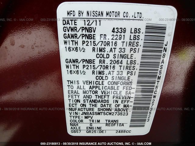 JN8AS5MT5CW273523 - 2012 NISSAN ROGUE S/SV RED photo 9