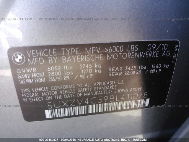 5UXZV4C59BL411078 - 2011 BMW X5 XDRIVE35I Сұр фото 9