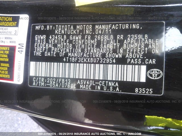 4T1BF3EKXBU732954 - 2011 TOYOTA CAMRY SE/LE/XLE 黑色 照片 9