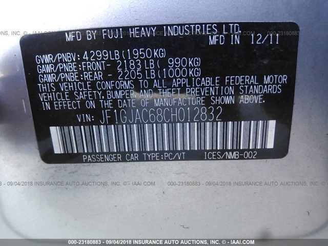 JF1GJAC68CH012832 - 2012 SUBARU IMPREZA PREMIUM SILVER photo 9