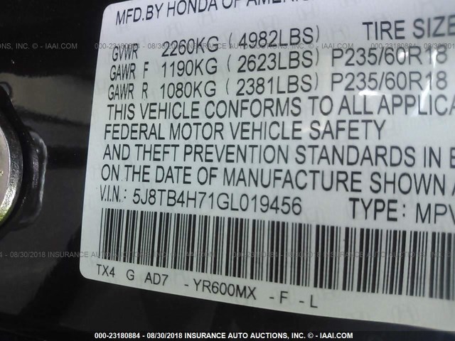 5J8TB4H71GL019456 - 2016 ACURA RDX ADVANCE BLACK photo 9