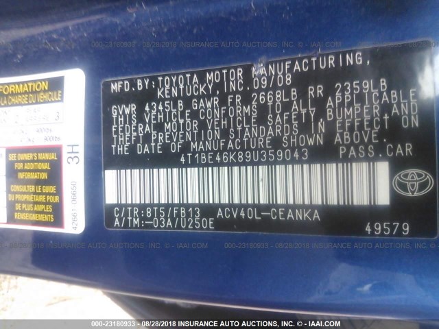 4T1BE46K89U359043 - 2009 TOYOTA CAMRY SE/LE/XLE 蓝色 照片 9