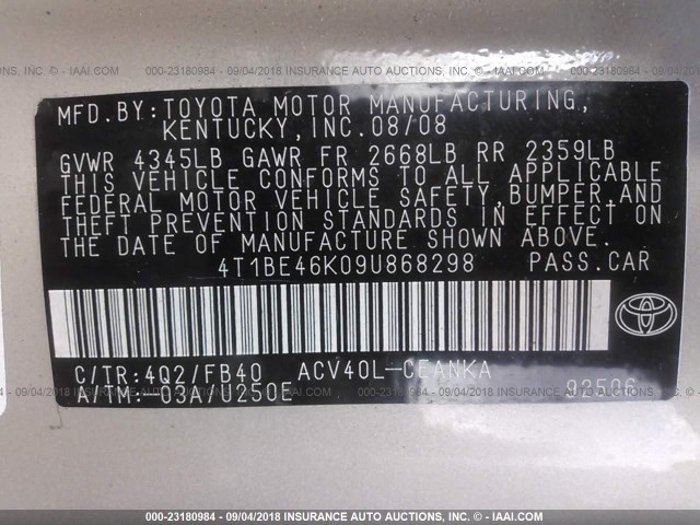 4T1BE46K09U868298 - 2009 TOYOTA CAMRY SE/LE/XLE BEIGE photo 9