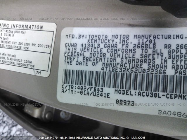 4T1BE32K52U022366 - 2002 TOYOTA CAMRY LE/XLE/SE 金色 照片 9