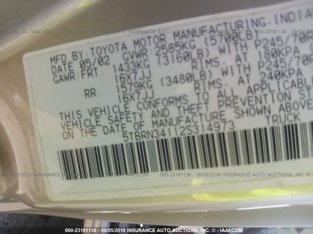 5TBRN34112S314973 - 2002 TOYOTA TUNDRA ACCESS CAB SR5 BEIGE photo 9