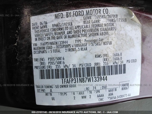 1FAFP31N87W133944 - 2007 FORD FOCUS ZX3/S/SE/SES RED photo 9