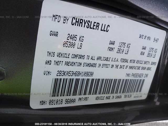 2B3KA53H68H109690 - 2008 DODGE CHARGER R/T GRAY photo 9