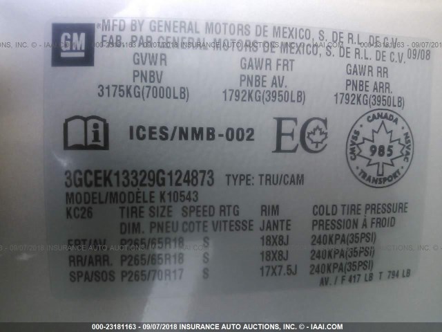 3GCEK13329G124873 - 2009 CHEVROLET SILVERADO K1500 SILVER photo 9