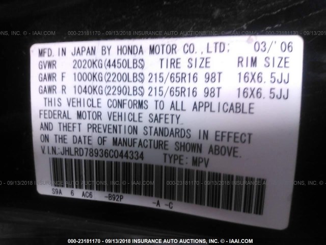 JHLRD78936C044334 - 2006 HONDA CR-V SE/EX BLACK photo 9