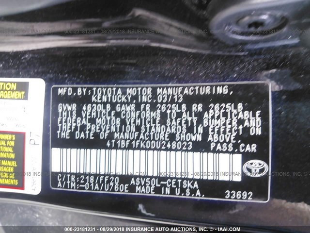 4T1BF1FK0DU248023 - 2013 TOYOTA CAMRY L/SE/LE/XLE Qara foto 9