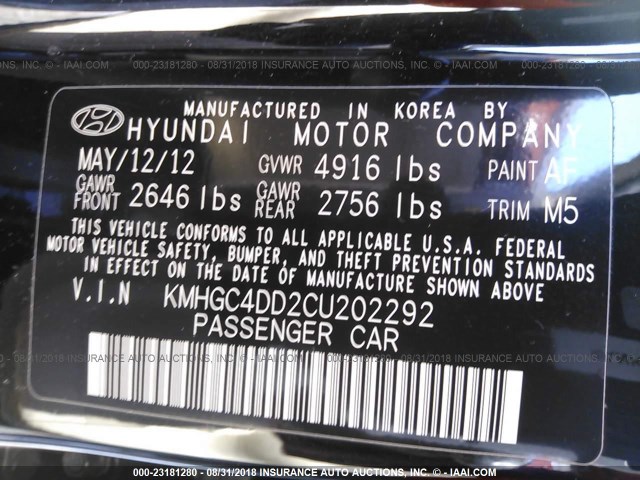 KMHGC4DD2CU202292 - 2012 HYUNDAI GENESIS 3.8L BLACK photo 9