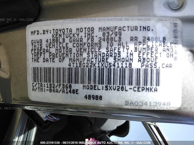 4T1BG22K1XU541118 - 1999 TOYOTA CAMRY CE/LE/XLE 灰色 照片 9