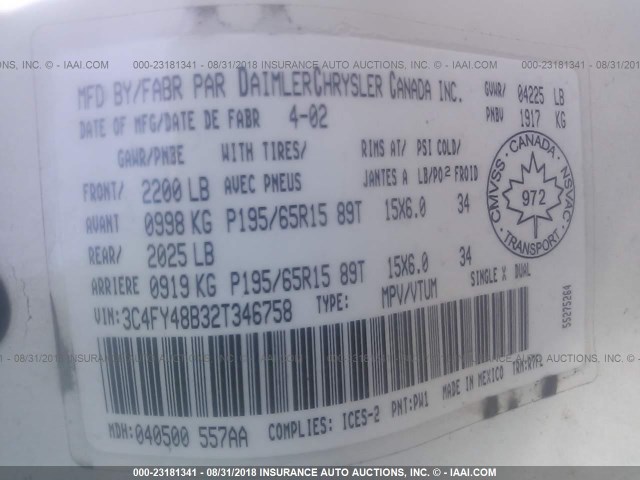 3C4FY48B32T346758 - 2002 CHRYSLER PT CRUISER CLASSIC 白色 照片 9