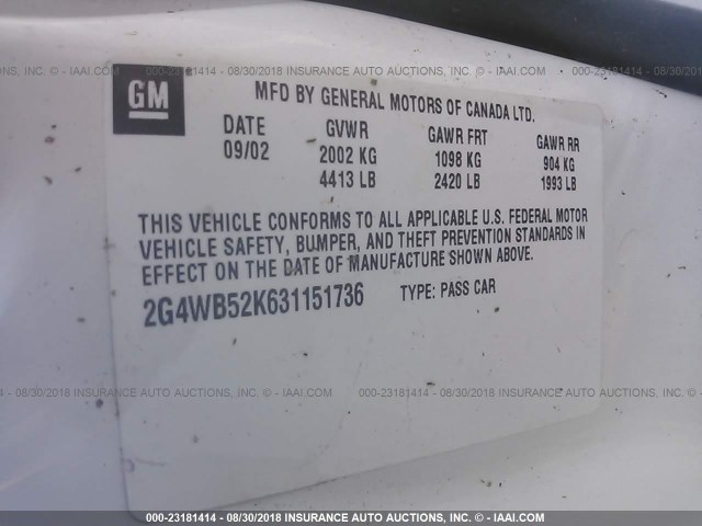 2G4WB52K631151736 - 2003 BUICK REGAL LS WHITE photo 9