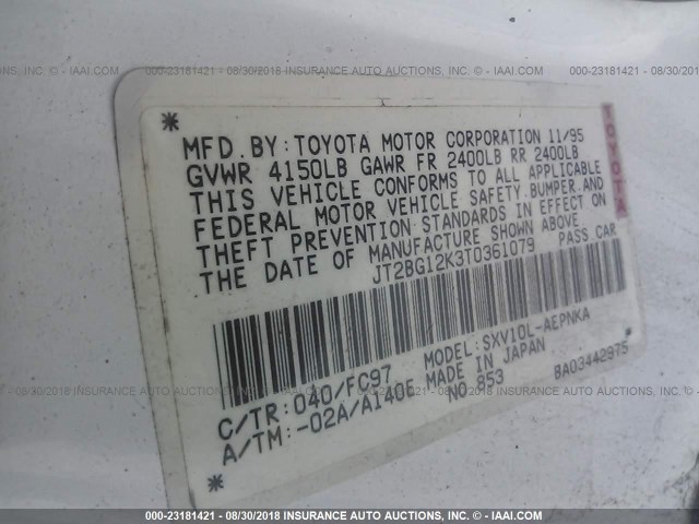 JT2BG12K3T0361079 - 1996 TOYOTA CAMRY DX/LE/XLE WHITE photo 9