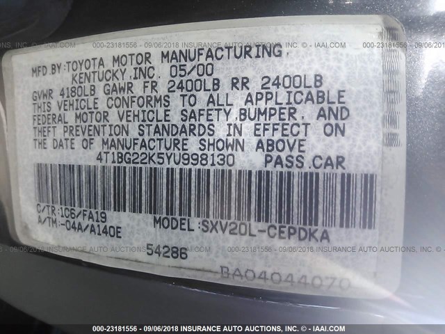 4T1BG22K5YU998130 - 2000 TOYOTA CAMRY CE/LE/XLE 灰色 照片 9