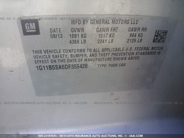 1G11B5SA6DF355428 - 2013 CHEVROLET MALIBU LS 银色 照片 9