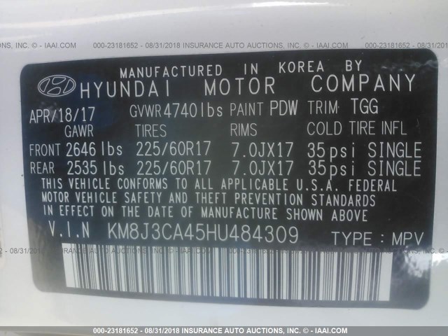 KM8J3CA45HU484309 - 2017 HYUNDAI TUCSON LIMITED/SPORT AND ECO/SE WHITE photo 9