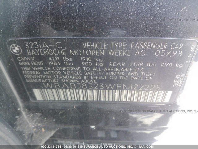 WBABJ8323WEM22225 - 1998 BMW 323 IC AUTOMATIC BLACK photo 9