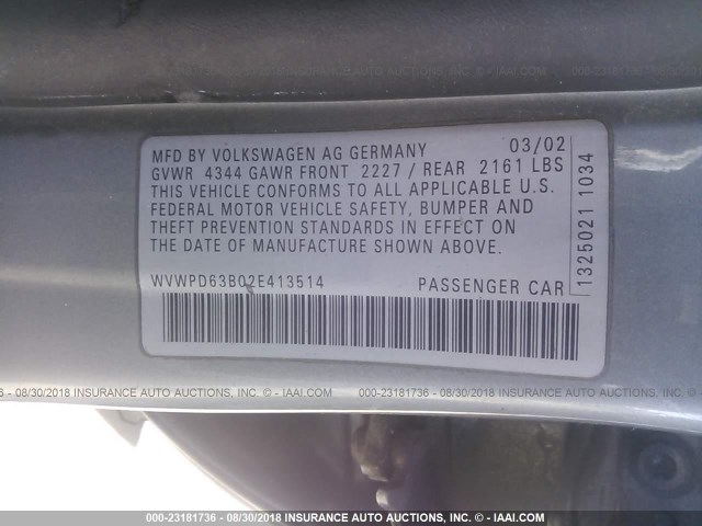 WVWPD63B02E413514 - 2002 VOLKSWAGEN PASSAT GLS SILVER photo 9