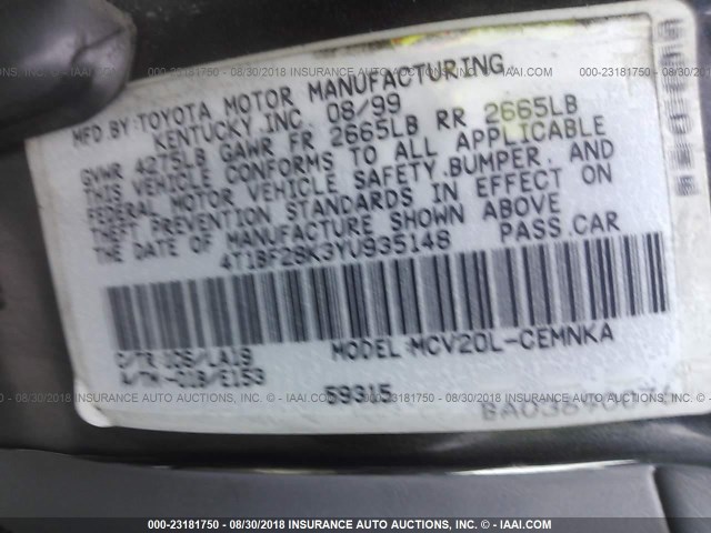 4T1BF28K3YU935148 - 2000 TOYOTA CAMRY LE/XLE GRAY photo 9