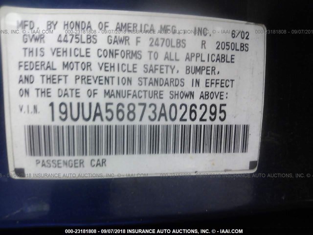 19UUA56873A026295 - 2003 ACURA 3.2TL TYPE-S BLUE photo 9