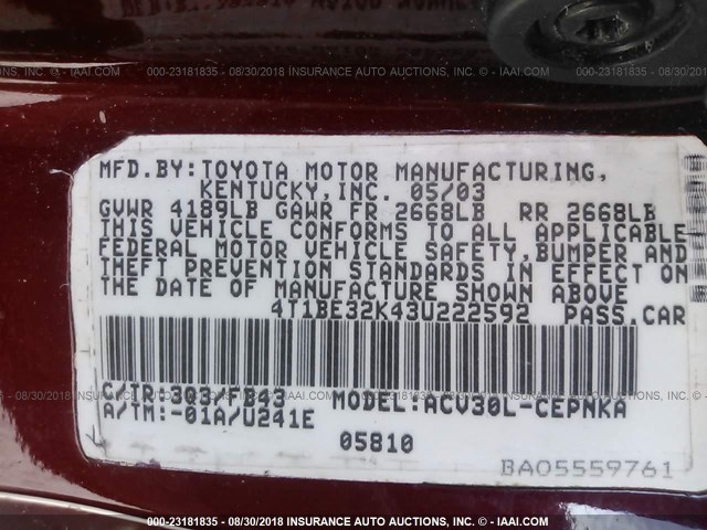 4T1BE32K43U222592 - 2003 TOYOTA CAMRY LE/XLE/SE 勃艮第红 照片 9