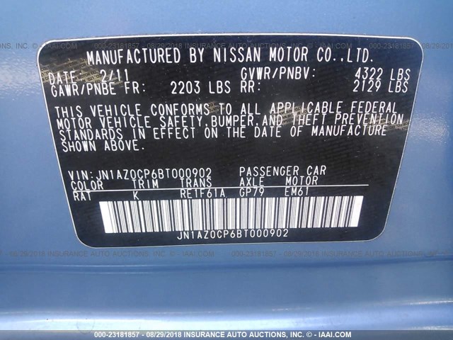 JN1AZ0CP6BT000902 - 2011 NISSAN LEAF SV/SL BLUE photo 9