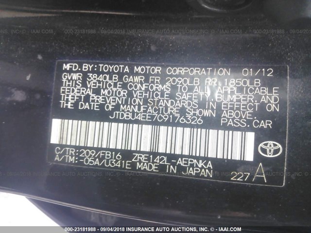 JTDBU4EE7C9176326 - 2012 TOYOTA COROLLA S/LE BLACK photo 9