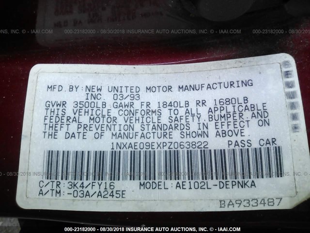 1NXAE09EXPZ063822 - 1993 TOYOTA COROLLA LE/DX 红色 照片 9