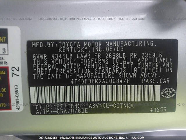 4T1BF3EK2AU008478 - 2010 TOYOTA CAMRY SE/LE/XLE ვერცხლისფერი ფოტო 9