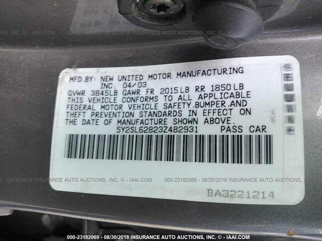 5Y2SL62823Z482931 - 2003 PONTIAC VIBE GRAY photo 9