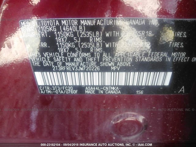 2T3RFREV3JW720226 - 2018 TOYOTA RAV4 ADVENTURE/XLE 红色 照片 9