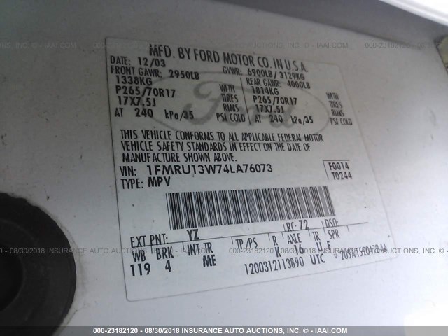 1FMRU13W74LA76073 - 2004 FORD EXPEDITION XLS WHITE photo 9