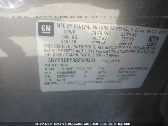 3GYFNBEY9BS598374 - 2011 CADILLAC SRX PERFORMANCE COLLECTION Қоңыр фото 9