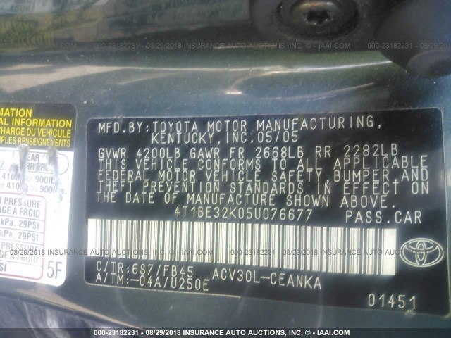 4T1BE32K05U076677 - 2005 TOYOTA CAMRY LE/XLE/SE Теңіз көгі фото 9