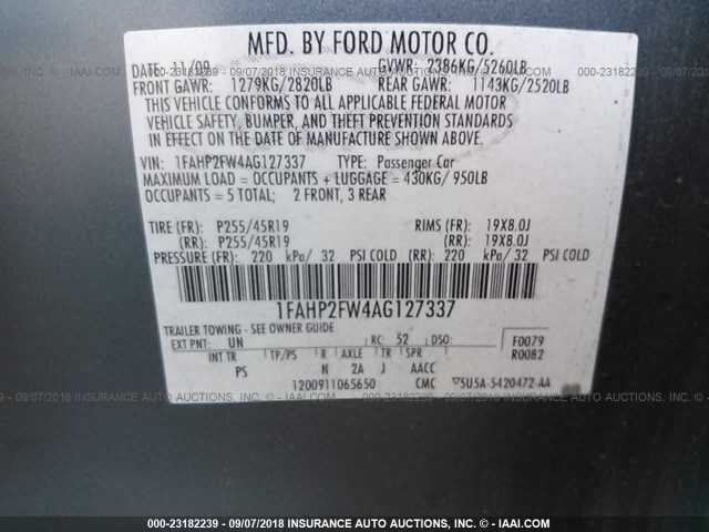 1FAHP2FW4AG127337 - 2010 FORD TAURUS LIMITED BLUE photo 9