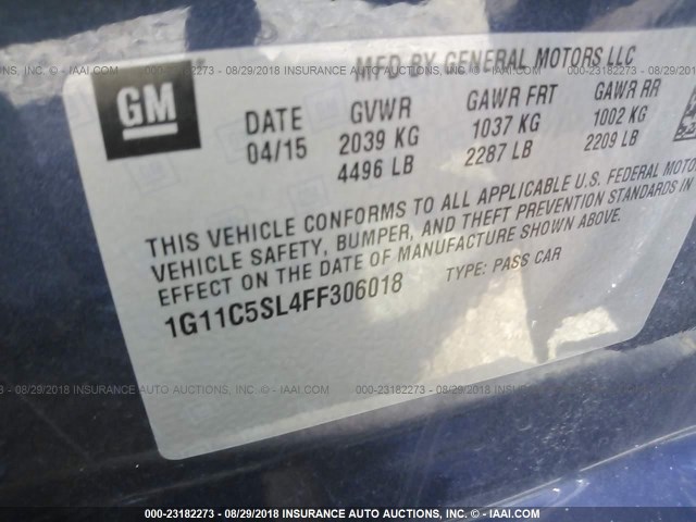 1G11C5SL4FF306018 - 2015 CHEVROLET MALIBU 1LT ნაცრისფერი ფოტო 9